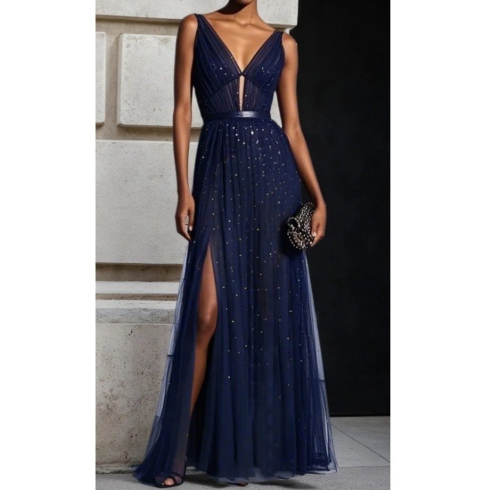 Fehaute Women's Navy Mesh Hotfix Embellished V Neck Sheath Maxi Dress NWT Size 4